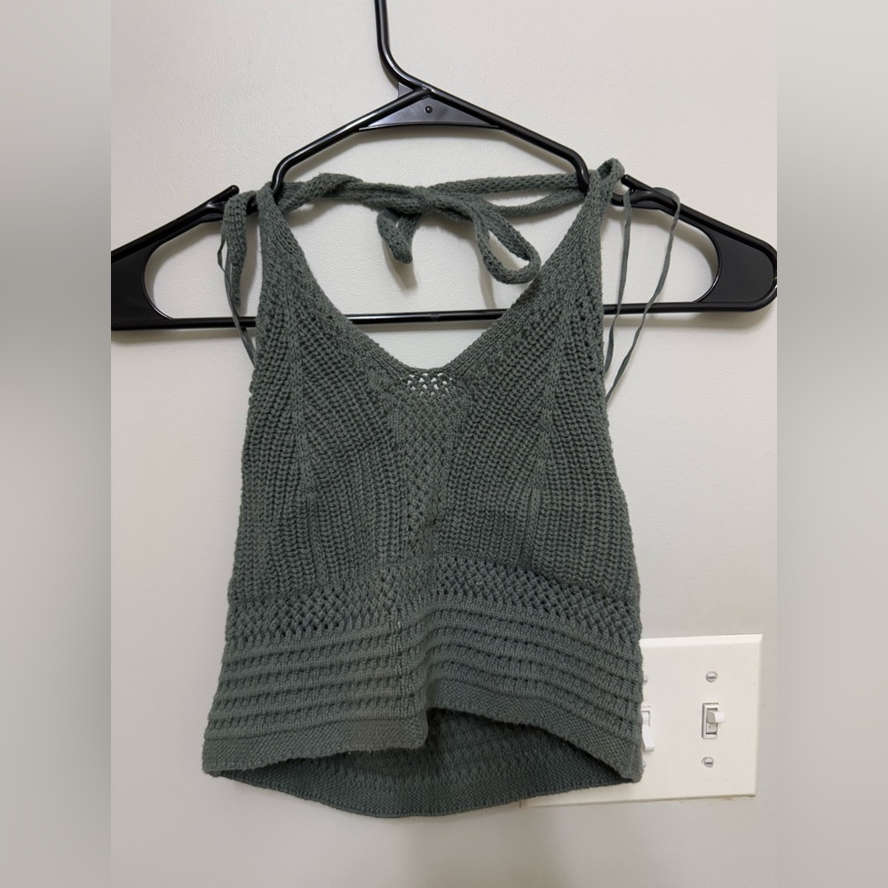 Medium Aerie Knitted Halter Crop in Teal/Green
